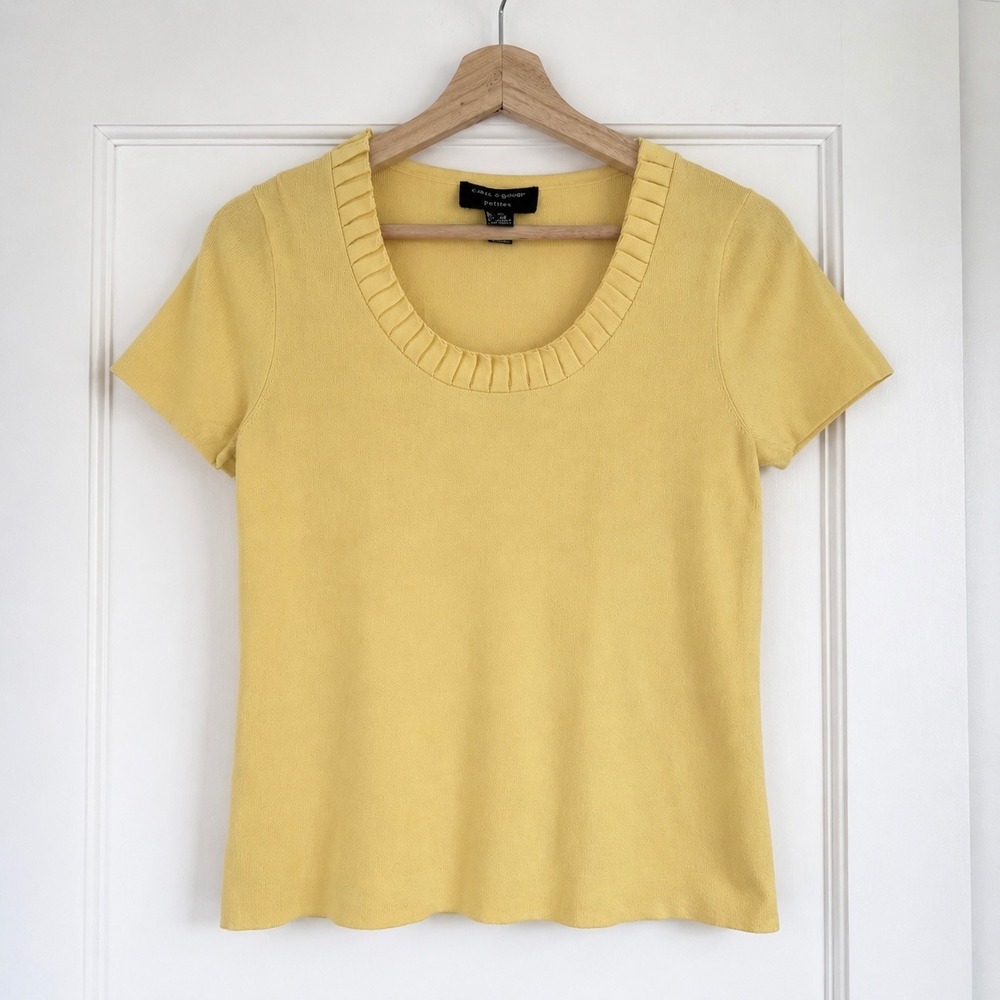 Vintage Cable & Gauge Petites Yellow Knit Top Ribbed Pleated Scoop‎ Neck Y2K S